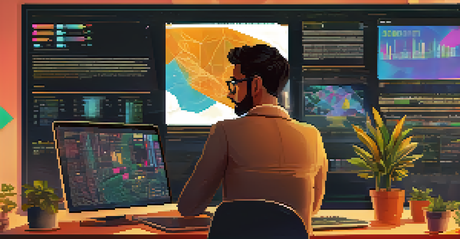 A person analyzing data on a laptop with colorful interactive visualizations displayed on the screen in a cozy office environment.