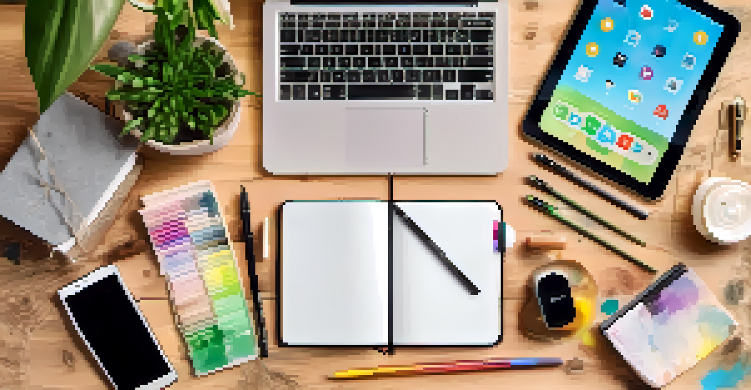 A flat lay of a blogging workspace with notebook, pens, smartphone, and plant on a wooden surface.