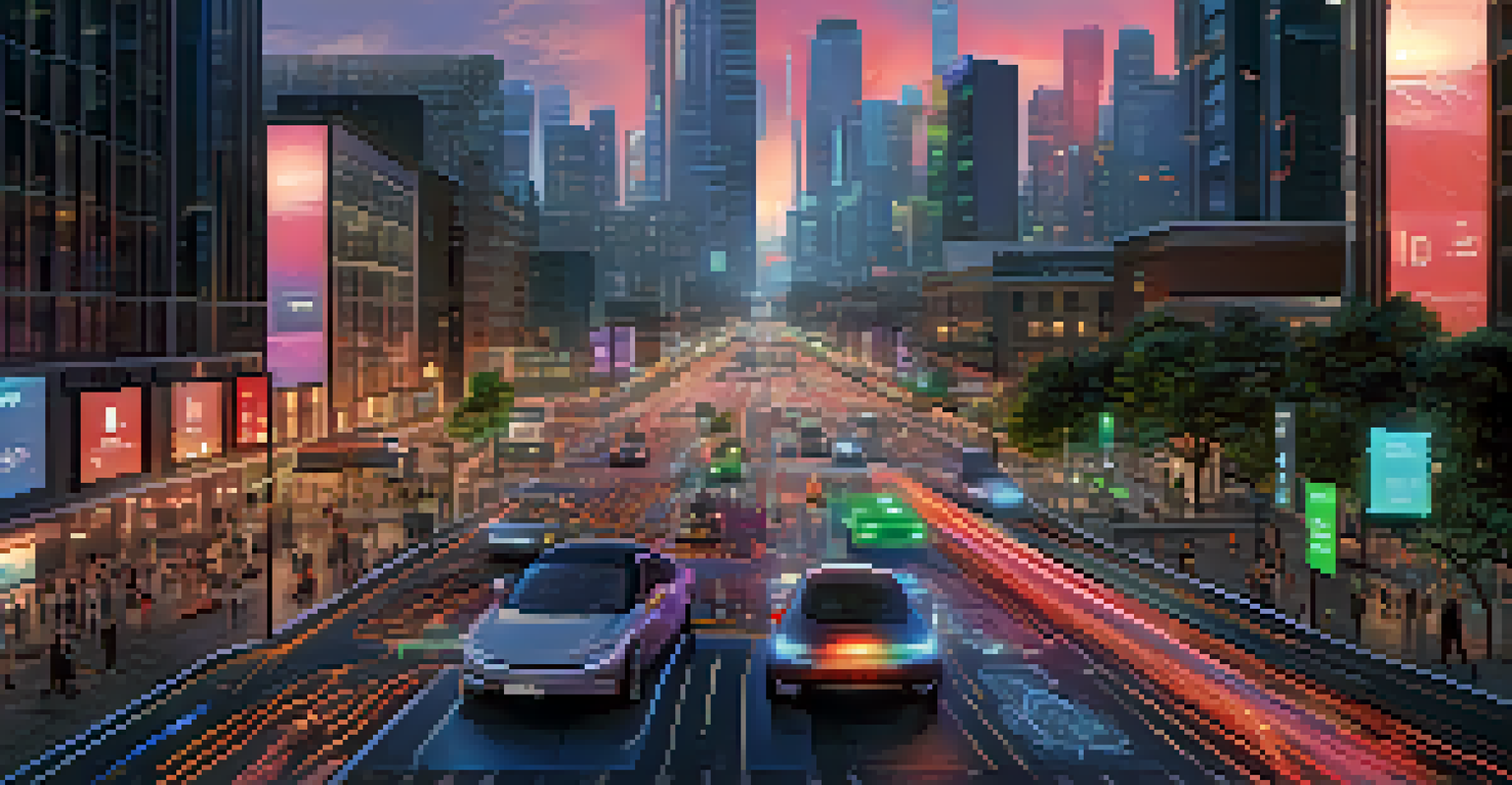 A smart city at dusk with interconnected traffic lights and autonomous vehicles, showcasing the use of technology in urban traffic management.