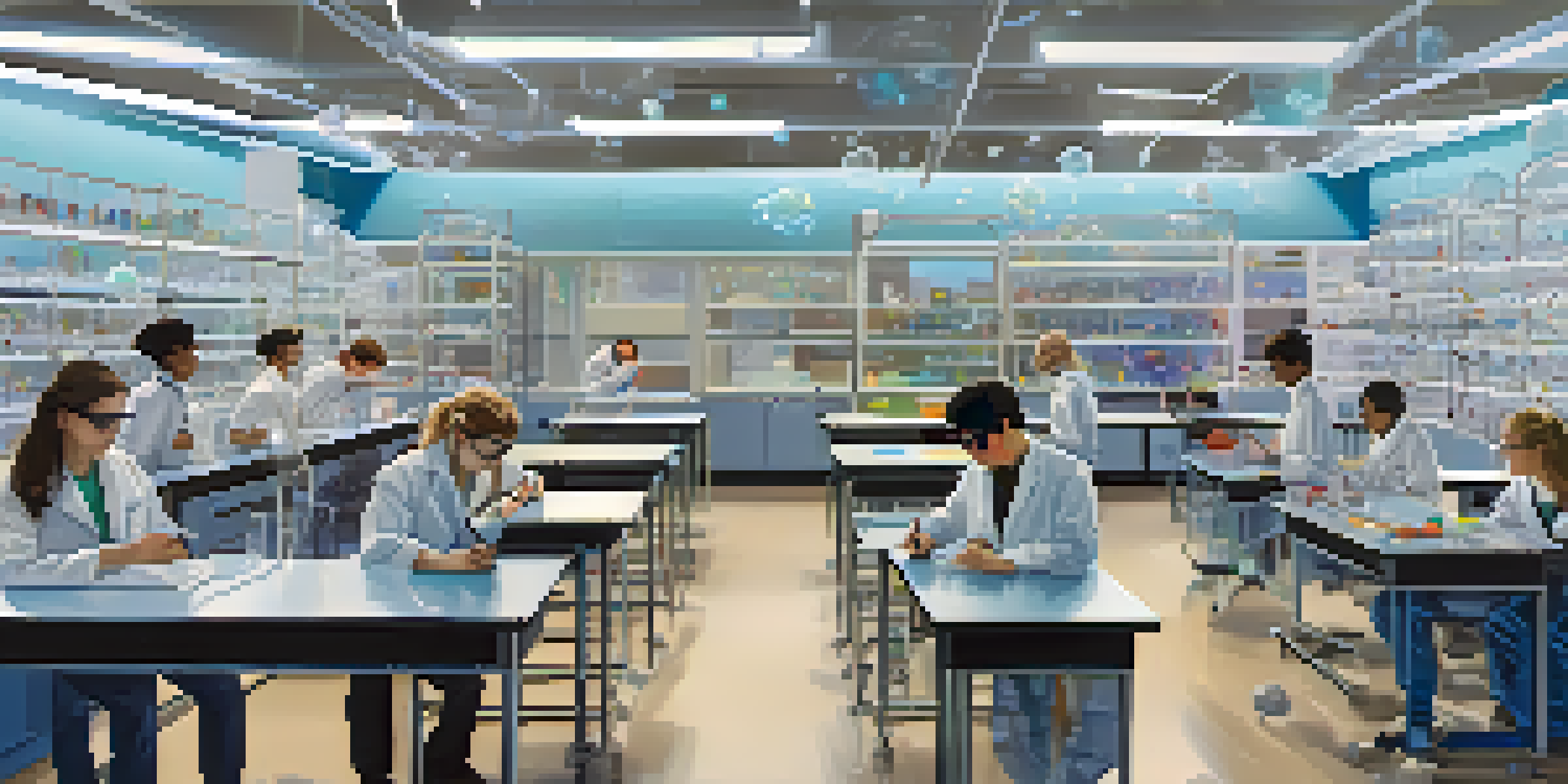 A classroom filled with students wearing AR glasses, engaged in learning about molecular structures with colorful holograms around them.