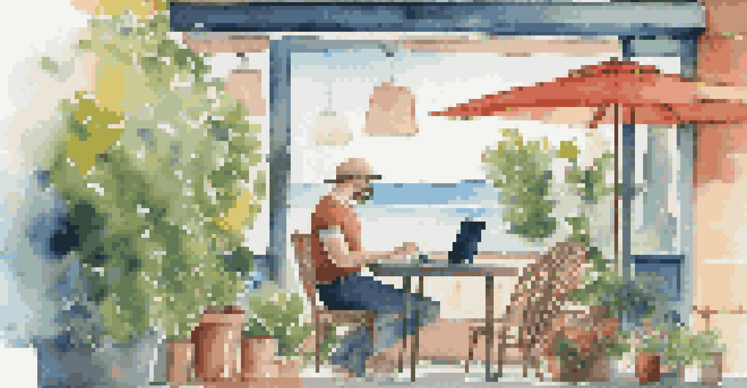 A person at a café using a laptop with a VPN connection, surrounded by colorful plants and a bright sky, highlighting online security.
