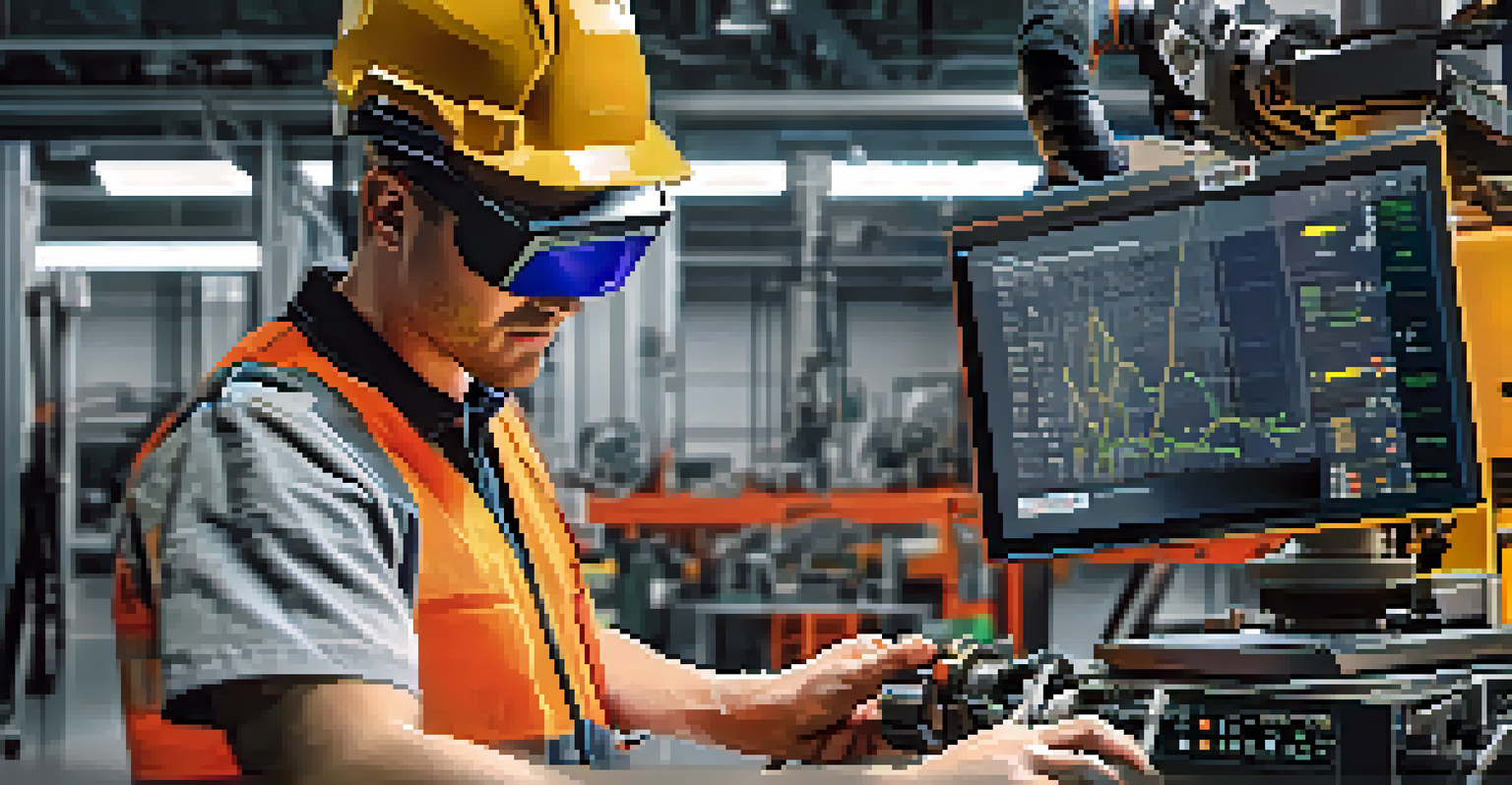 A technician wearing augmented reality glasses inspecting machinery with data displayed on the equipment.