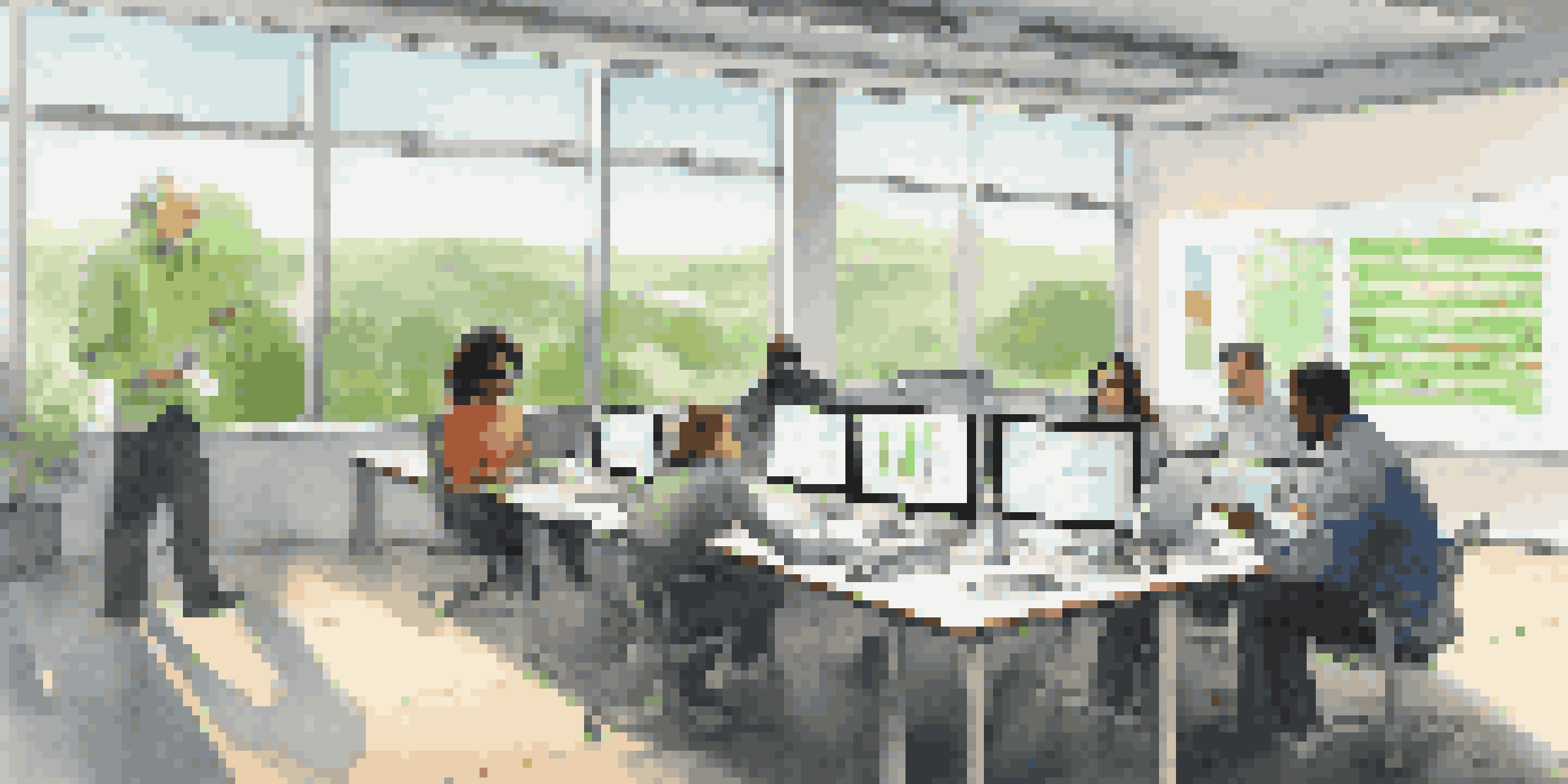 A group of diverse scientists discussing climate data at a table in a bright, modern room with large windows showing a green landscape.