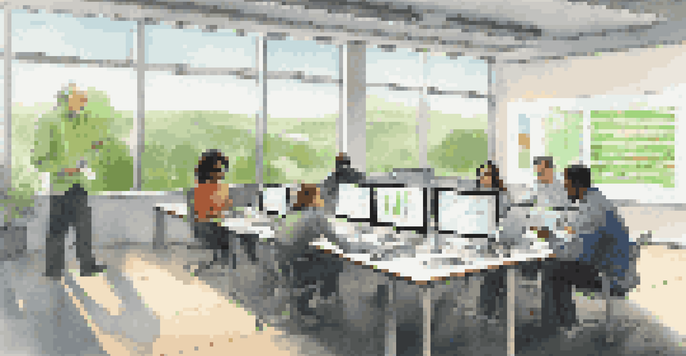A group of diverse scientists discussing climate data at a table in a bright, modern room with large windows showing a green landscape.