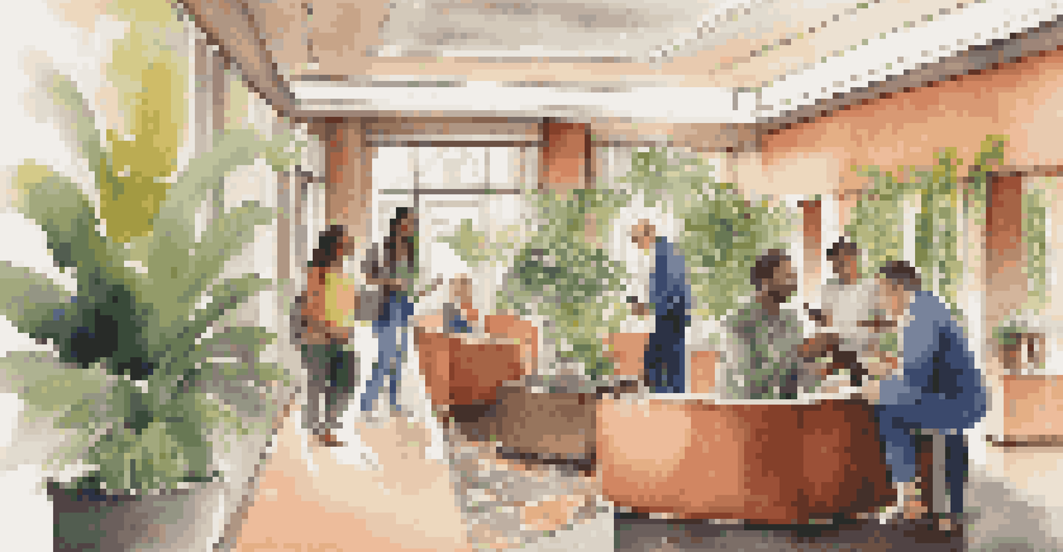 A hotel lobby where travelers are checking in using their smartphones, with a welcoming atmosphere and modern decor.
