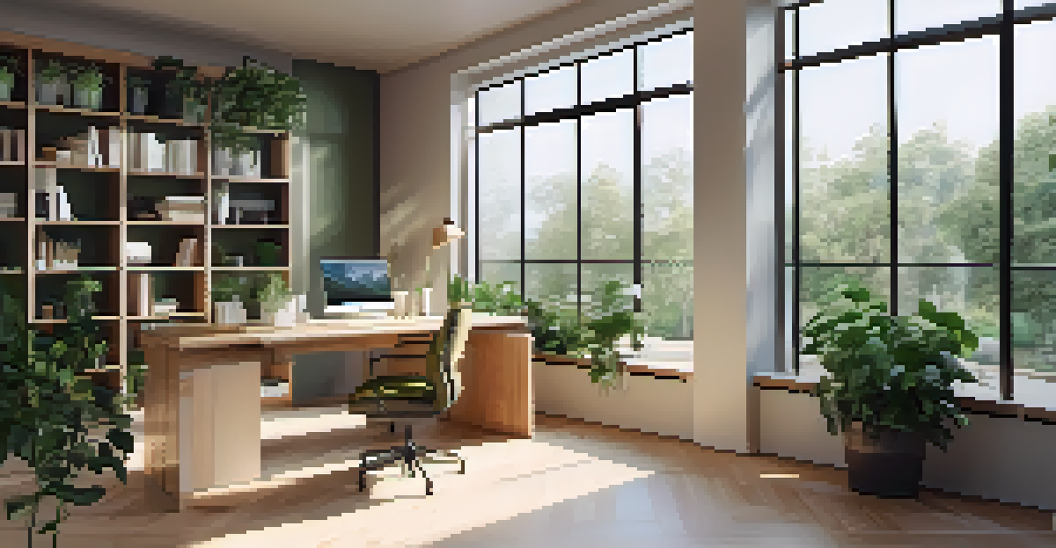 A peaceful office space with a view of nature, featuring minimalist furniture and natural light.