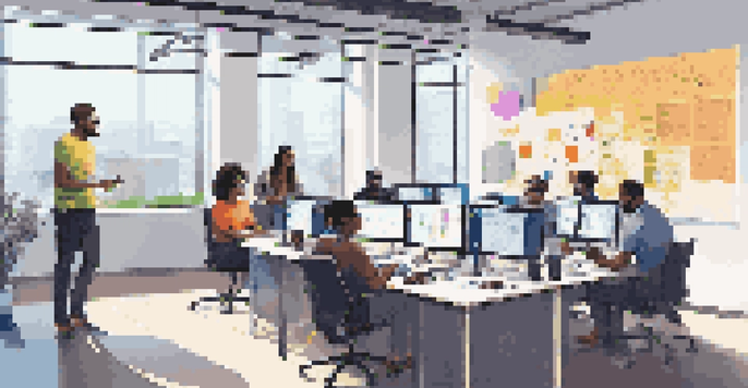 A diverse team of software developers and IT operations professionals brainstorming in a modern workspace filled with technology and colorful sticky notes.