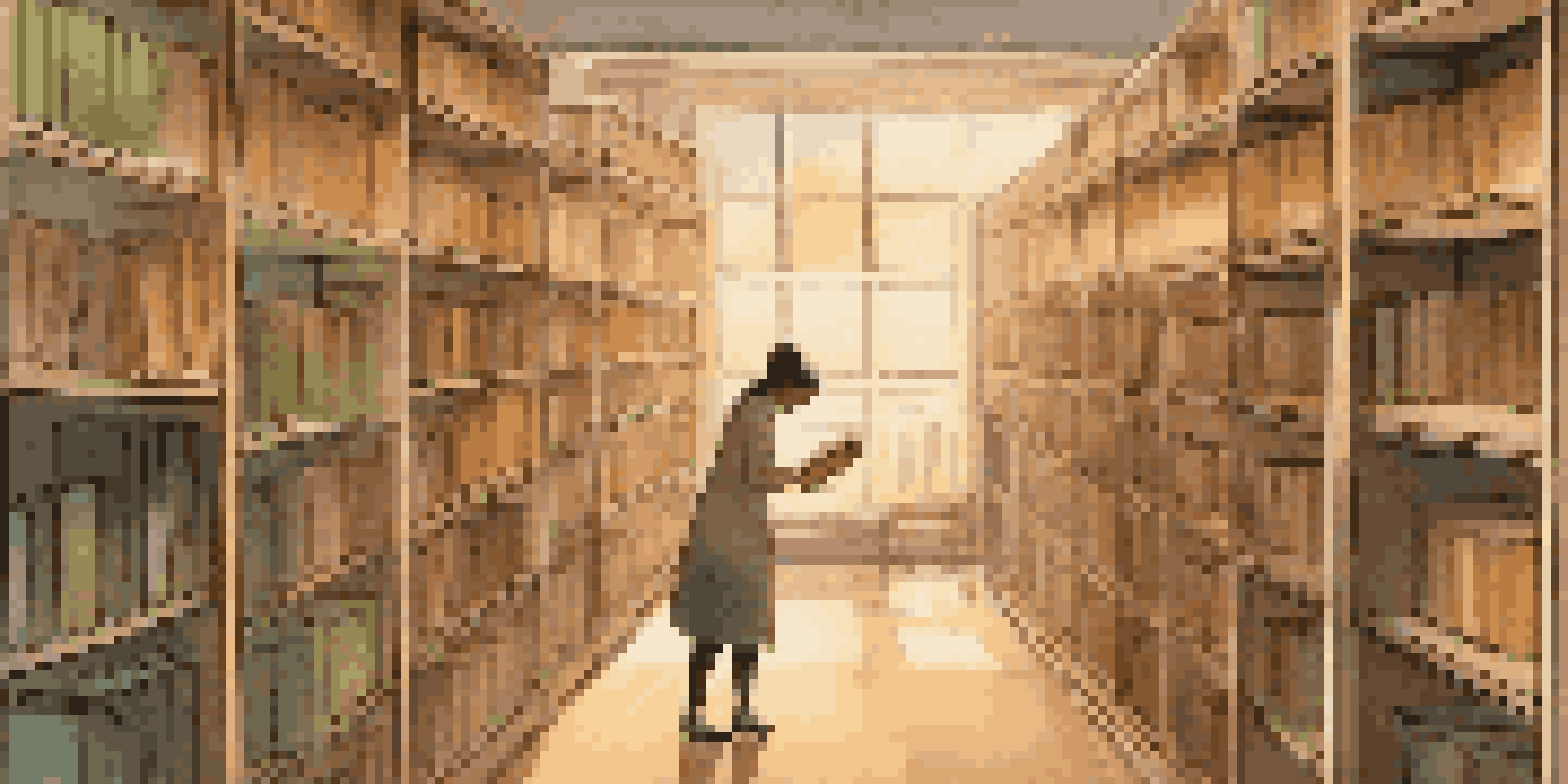 A digital library with a librarian organizing books, representing data integrity in a cloud environment, illuminated by warm lighting.