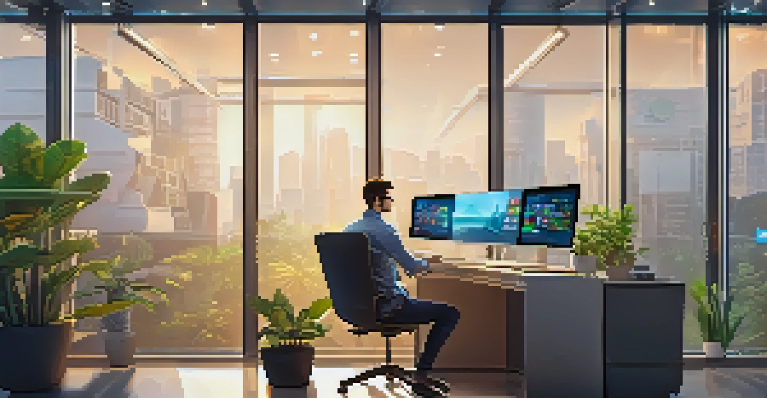 A developer at work in a modern office, surrounded by screens showing code and app designs.