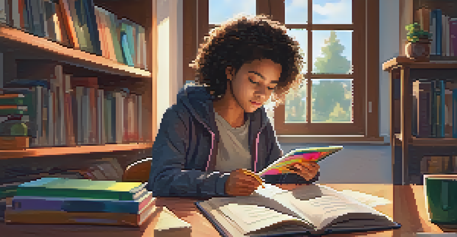 A young girl studying at home with a tablet, surrounded by books and a warm, inviting atmosphere.