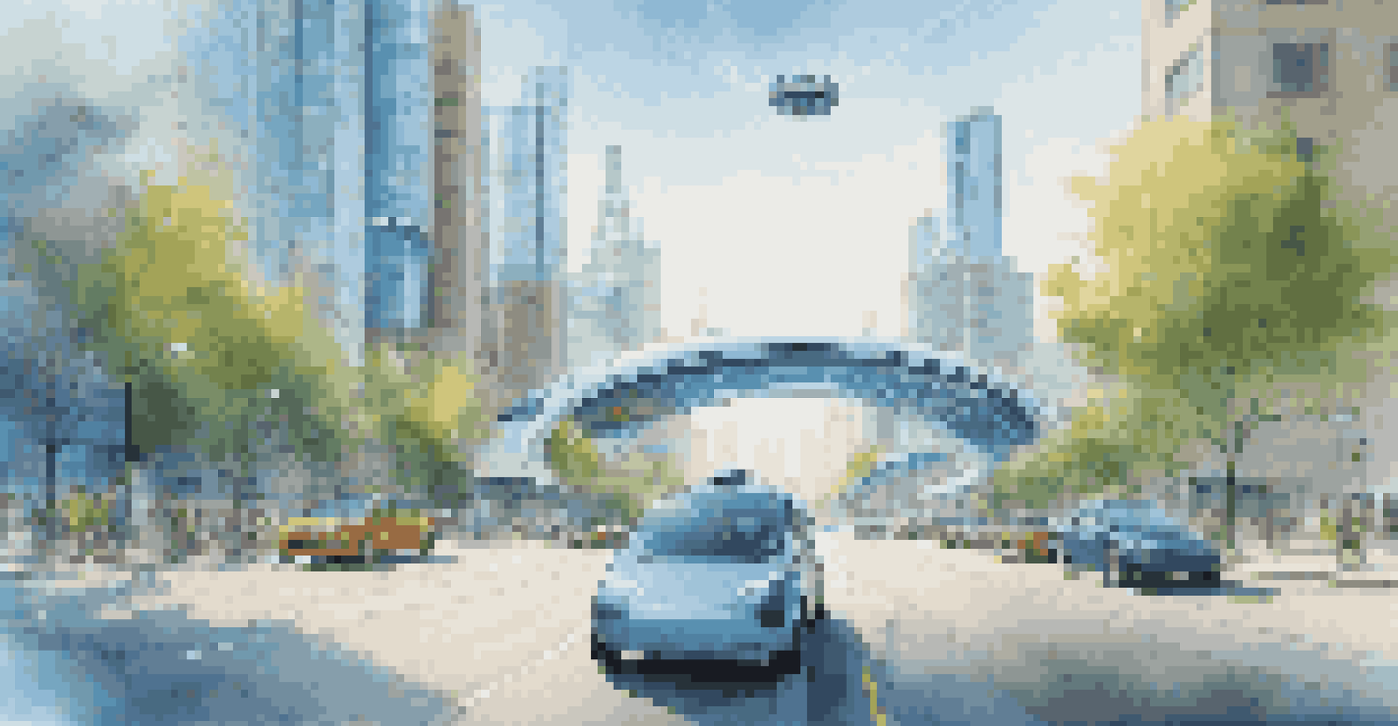 A sleek autonomous vehicle driving through a smart city, surrounded by smart traffic signals and connected cars, against a clear blue sky.