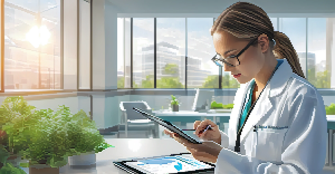 A healthcare professional in a modern hospital examining digital healthcare data on a tablet, with charts and graphs in the background.