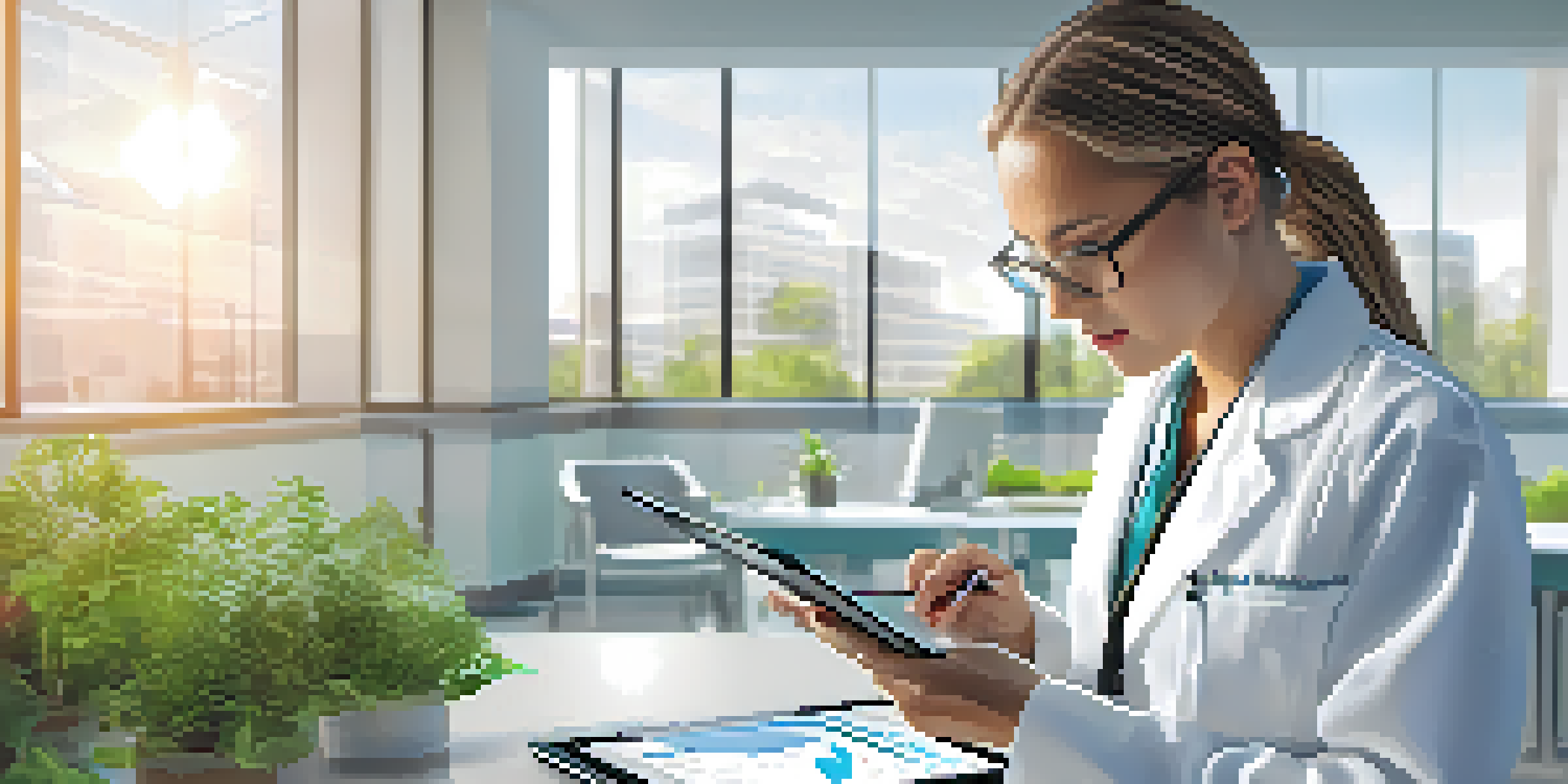 A healthcare professional in a modern hospital examining digital healthcare data on a tablet, with charts and graphs in the background.