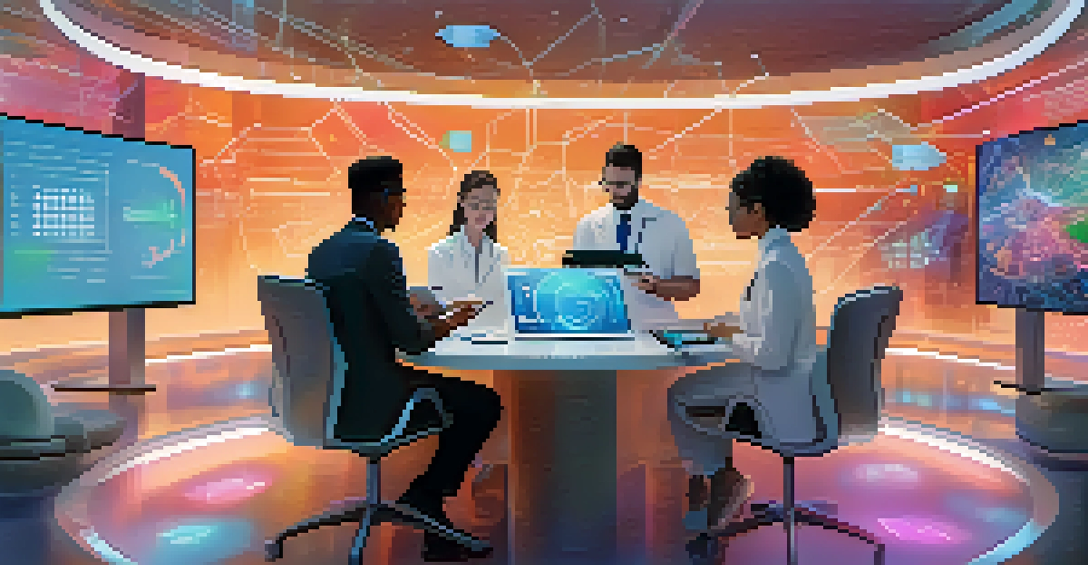 A diverse group of data scientists collaborating with digital devices in a modern, futuristic setting.