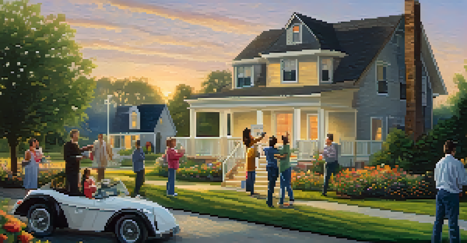 A family receiving keys to their new home in front of a charming house with a 'Sold' sign, during a warm sunset.