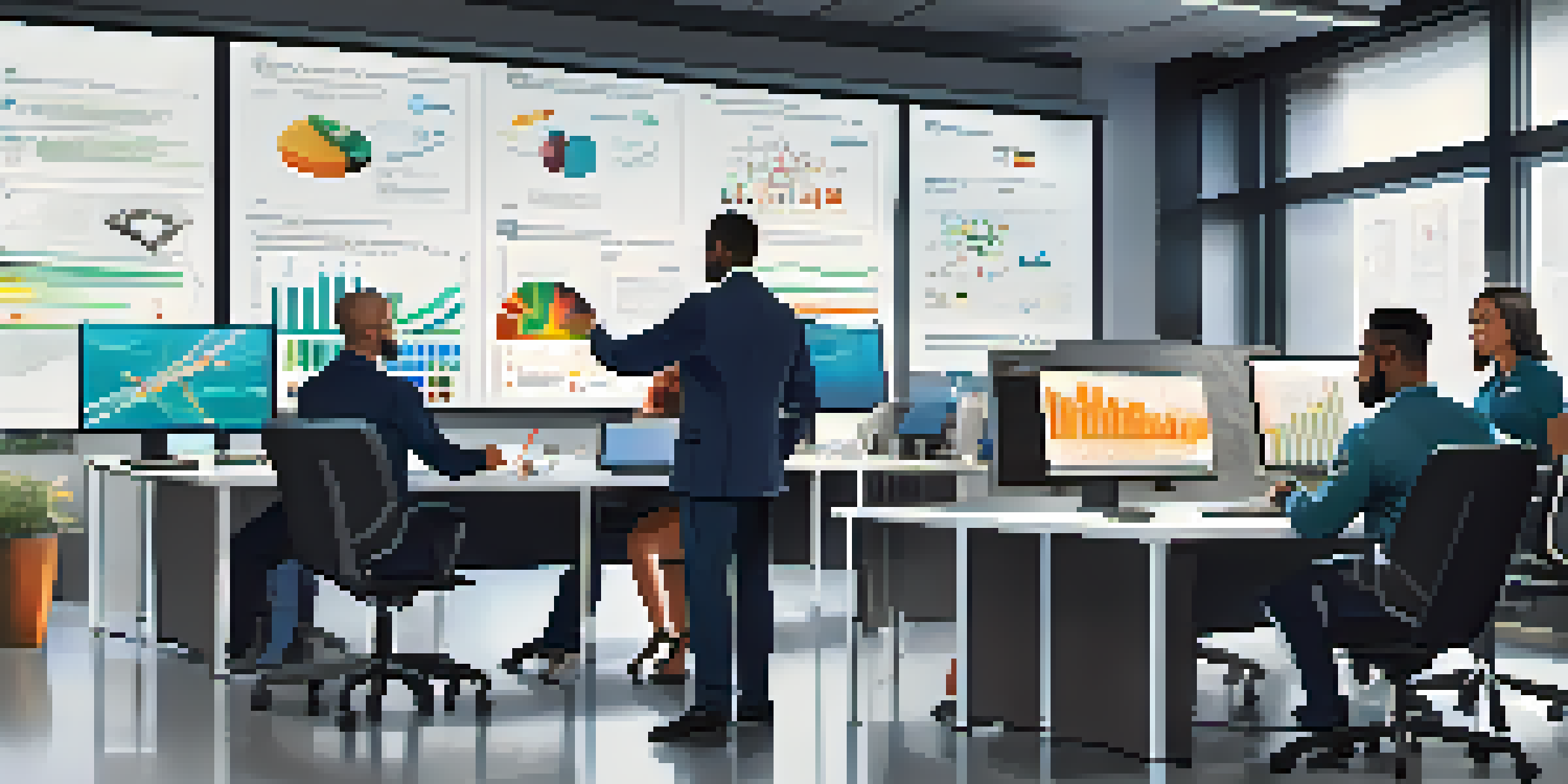A diverse group of professionals in an office, working together on cybersecurity strategies with laptops and screens displaying data.
