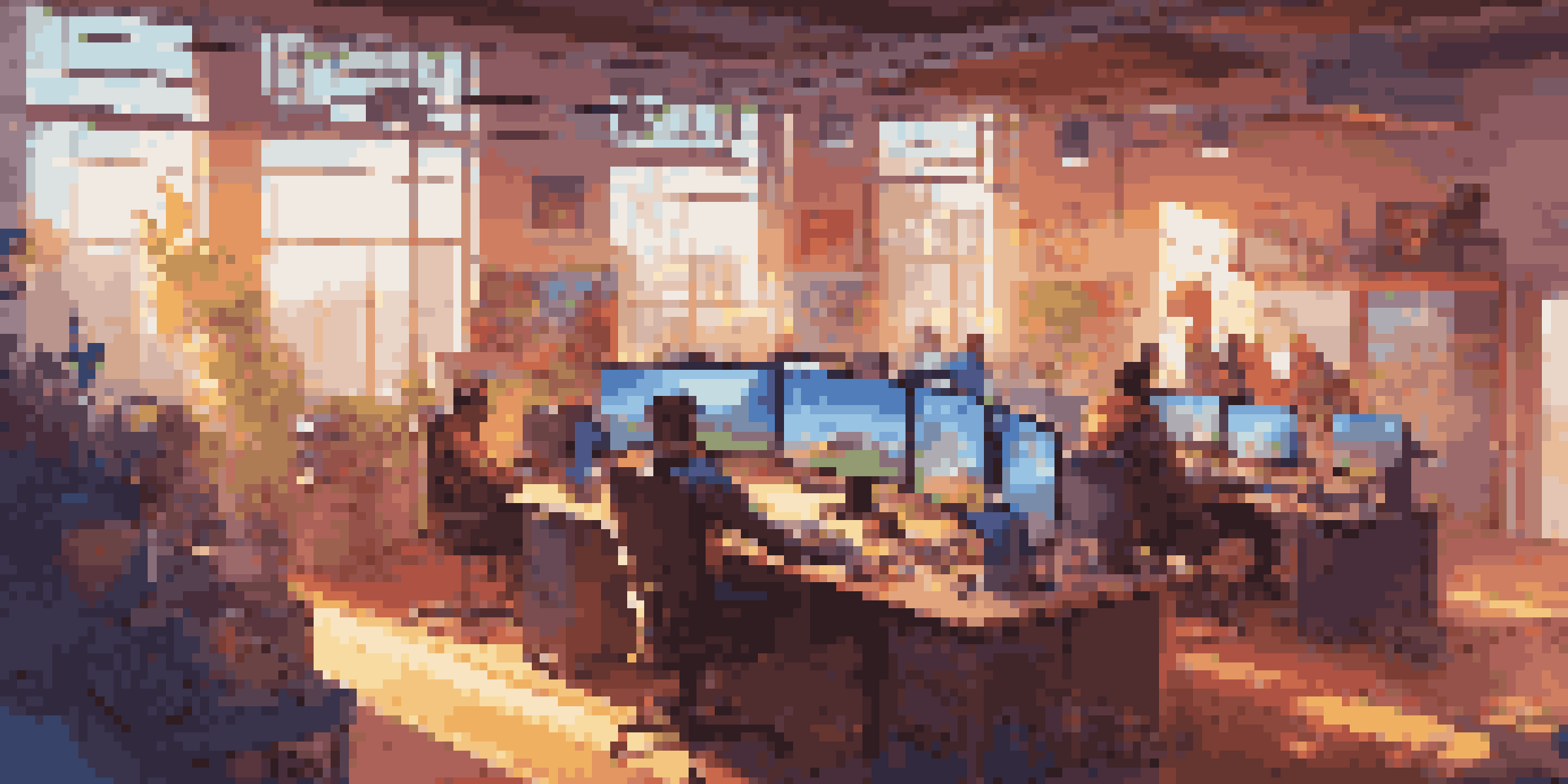 A lively game development studio filled with sunlight, featuring a team of developers collaborating on game designs with colorful art around them.