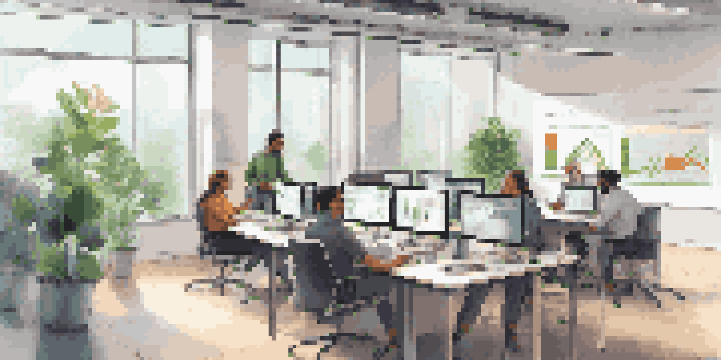 A bright modern office with a glass window, featuring a collaborative low-code development team around a table with laptops and screens, discussing innovative ideas.