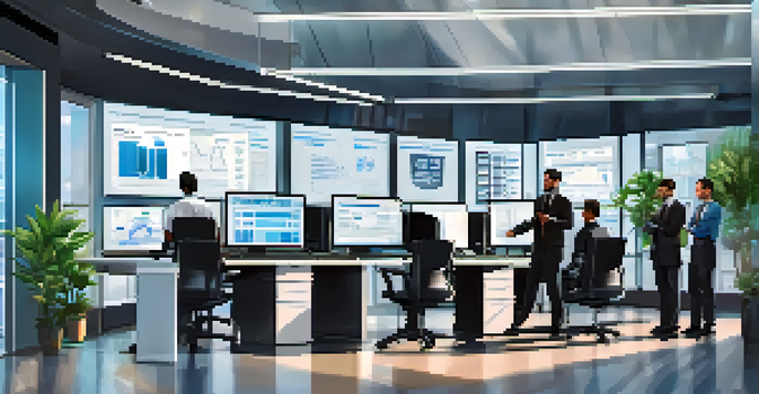 A diverse team of professionals conducting a security audit in a modern office, with monitors showing security data and a bright, collaborative atmosphere.