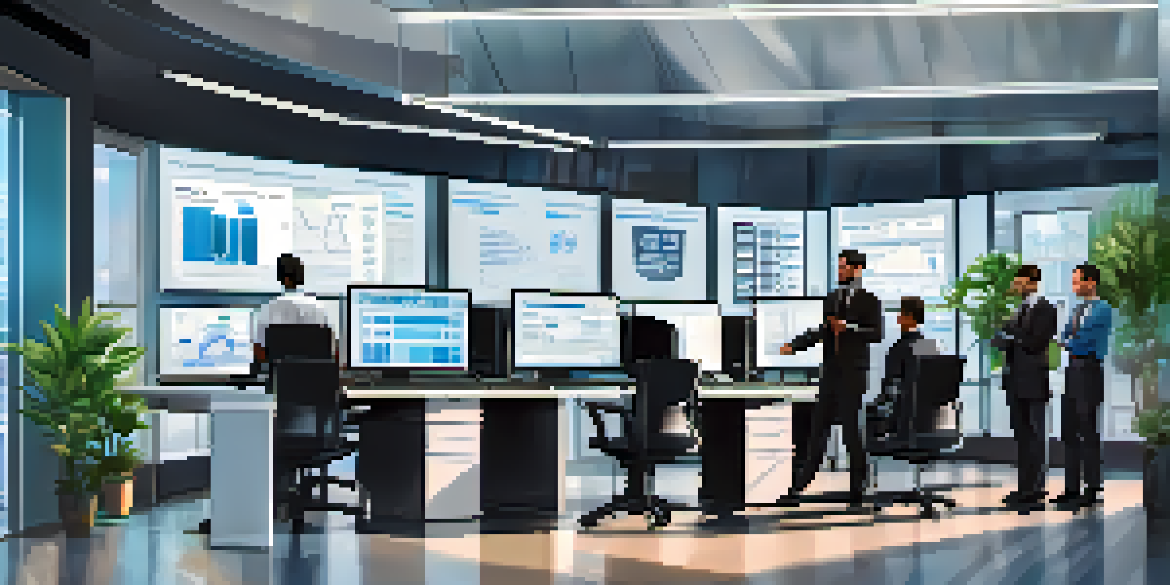 A diverse team of professionals conducting a security audit in a modern office, with monitors showing security data and a bright, collaborative atmosphere.