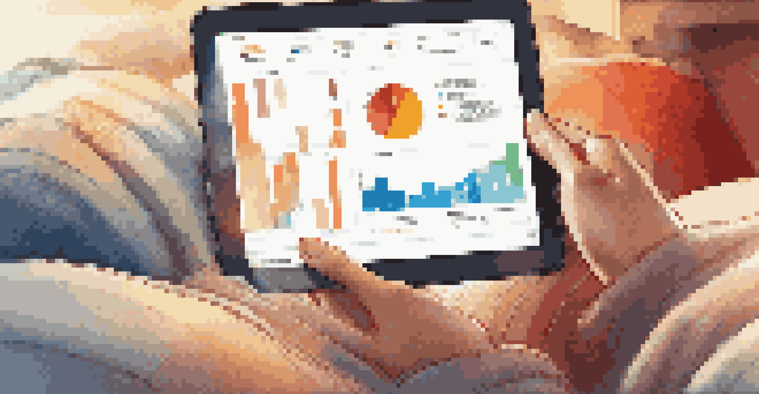 A close-up view of a person using a tablet, showing colorful analytics graphs on the screen, while sitting on soft cushions and covered with a warm blanket.
