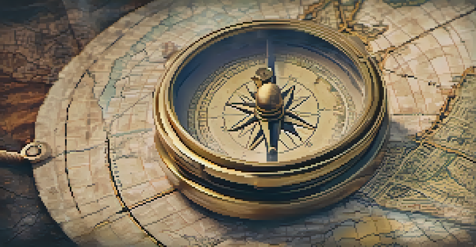 A close-up of a vintage brass compass on a weathered map, showcasing intricate details and textures.
