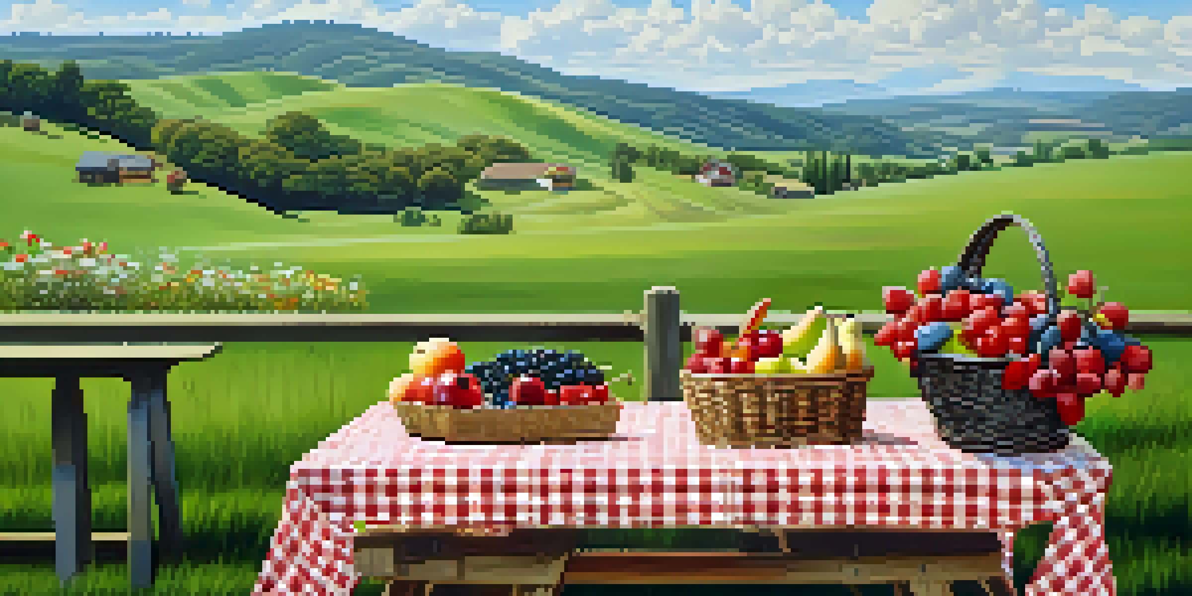 A peaceful meadow with a picnic table, fruits, and flowers, under a clear blue sky.