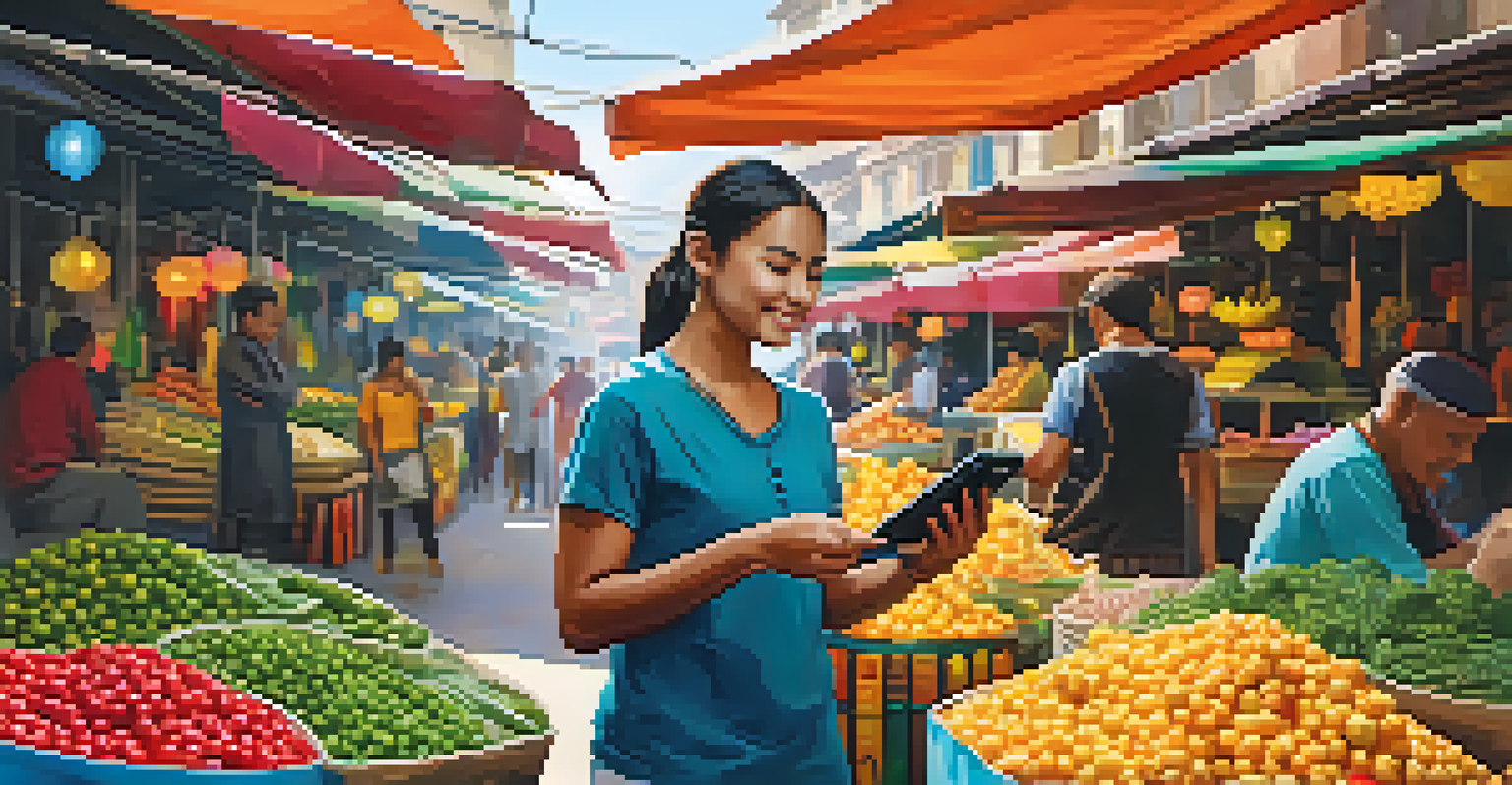 A traveler using a smartphone to translate while interacting with a local vendor in a colorful market.