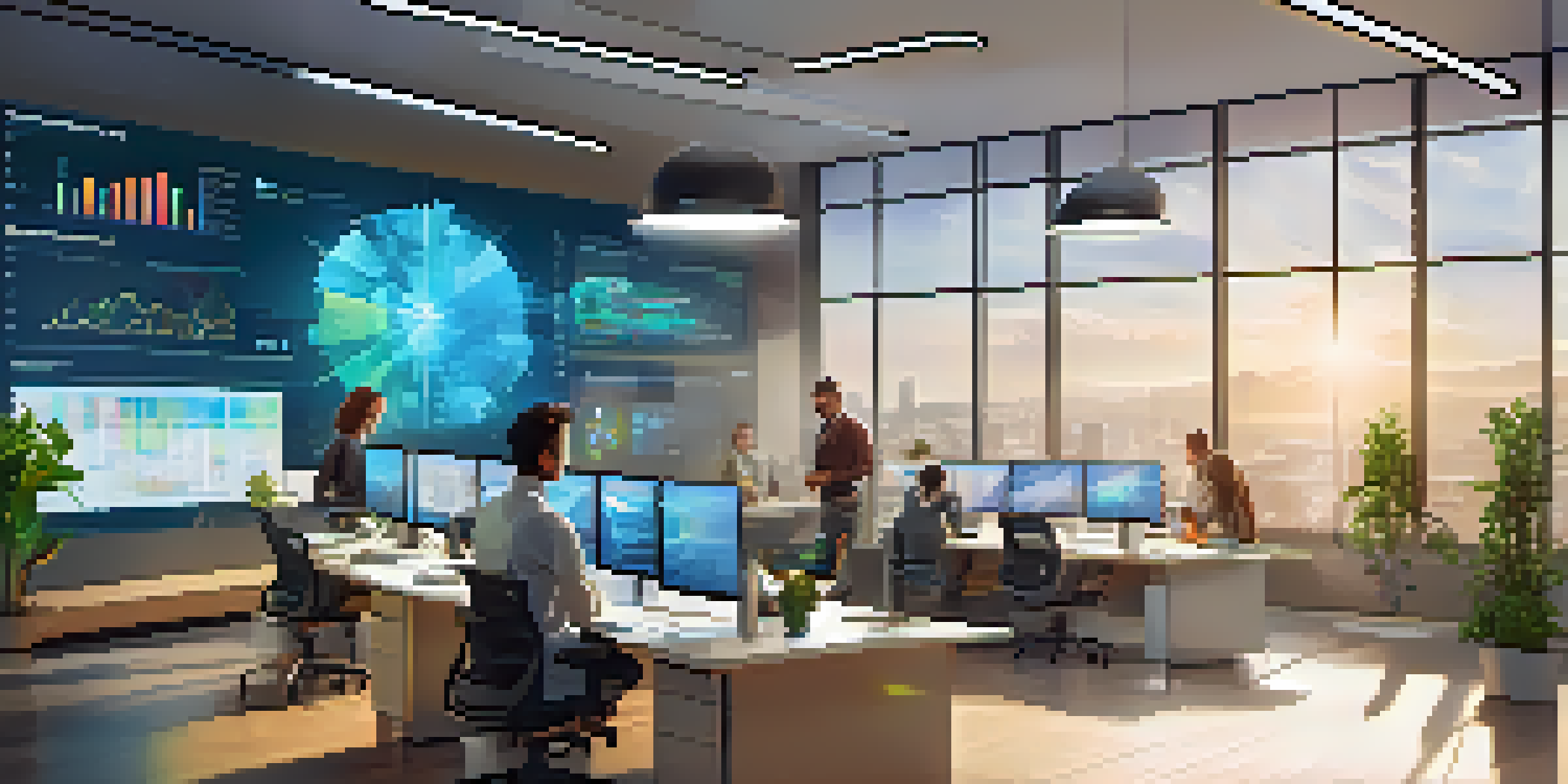 A diverse team collaborating in a bright office with large screens showing colorful data visualizations.