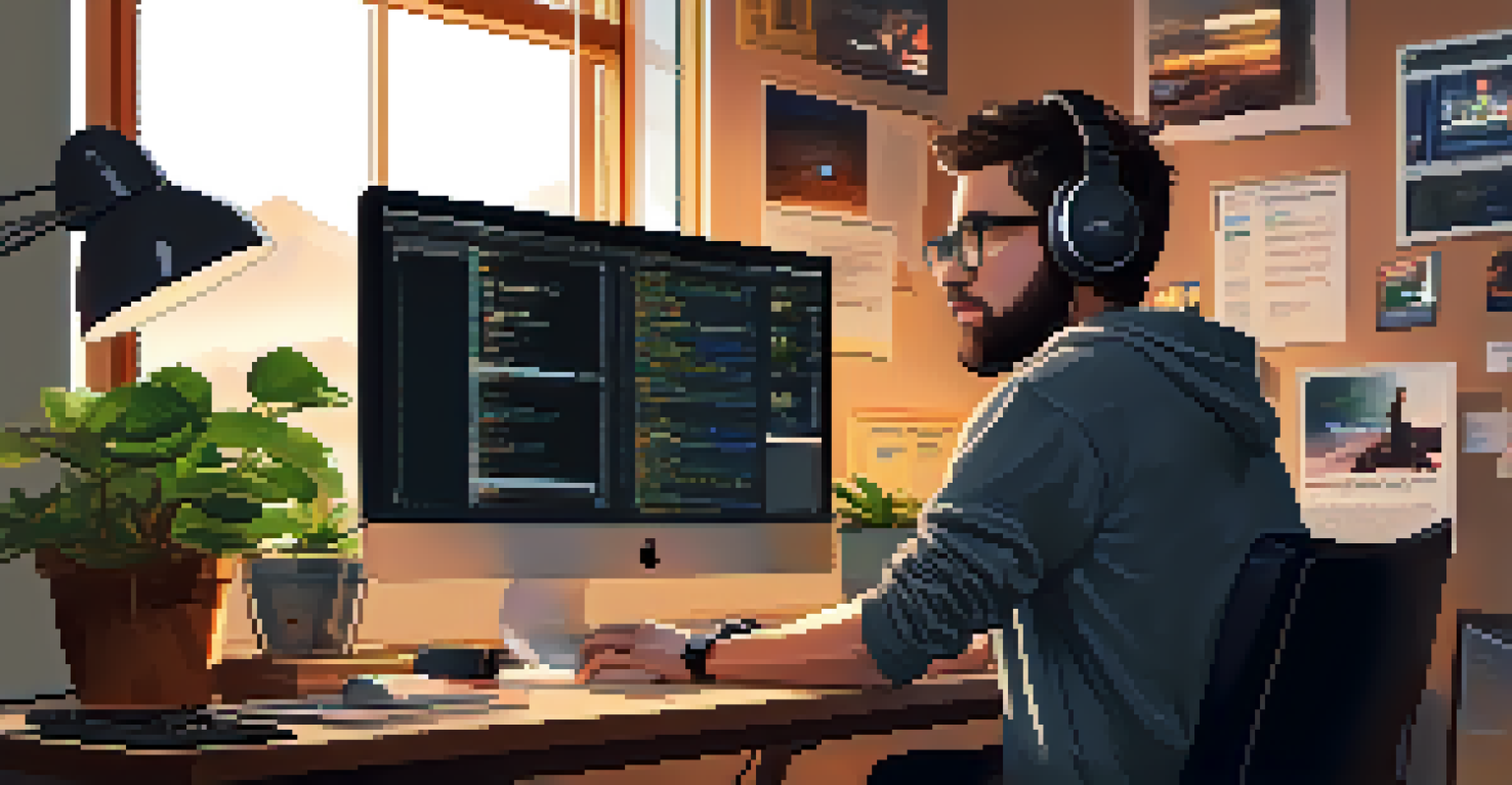 A programmer at a desk with multiple monitors displaying a GitHub profile, surrounded by books and a coffee mug in a cozy workspace.