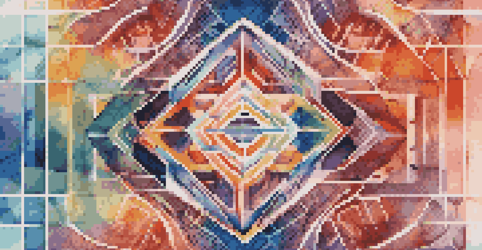 A close-up of a colorful abstract digital collectible NFT with geometric patterns, set against a gradient background.