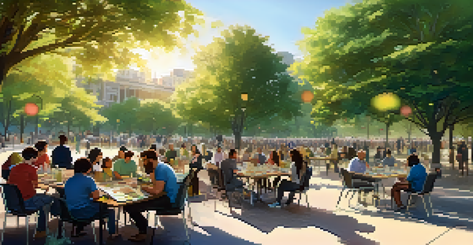 A community gathering in a park with people of various backgrounds collaborating on accessibility innovations, surrounded by sketches and prototypes under sunlight.
