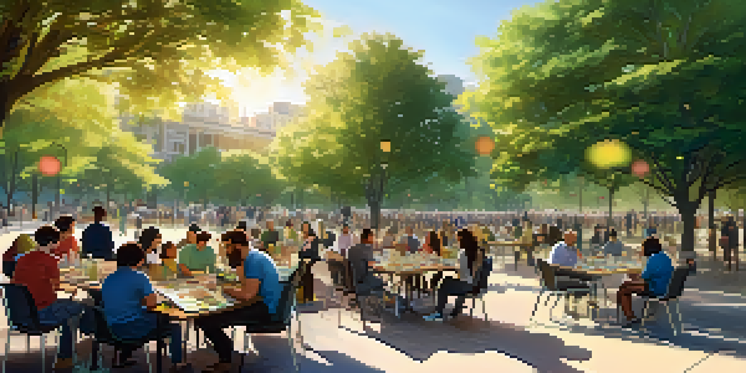 A community gathering in a park with people of various backgrounds collaborating on accessibility innovations, surrounded by sketches and prototypes under sunlight.