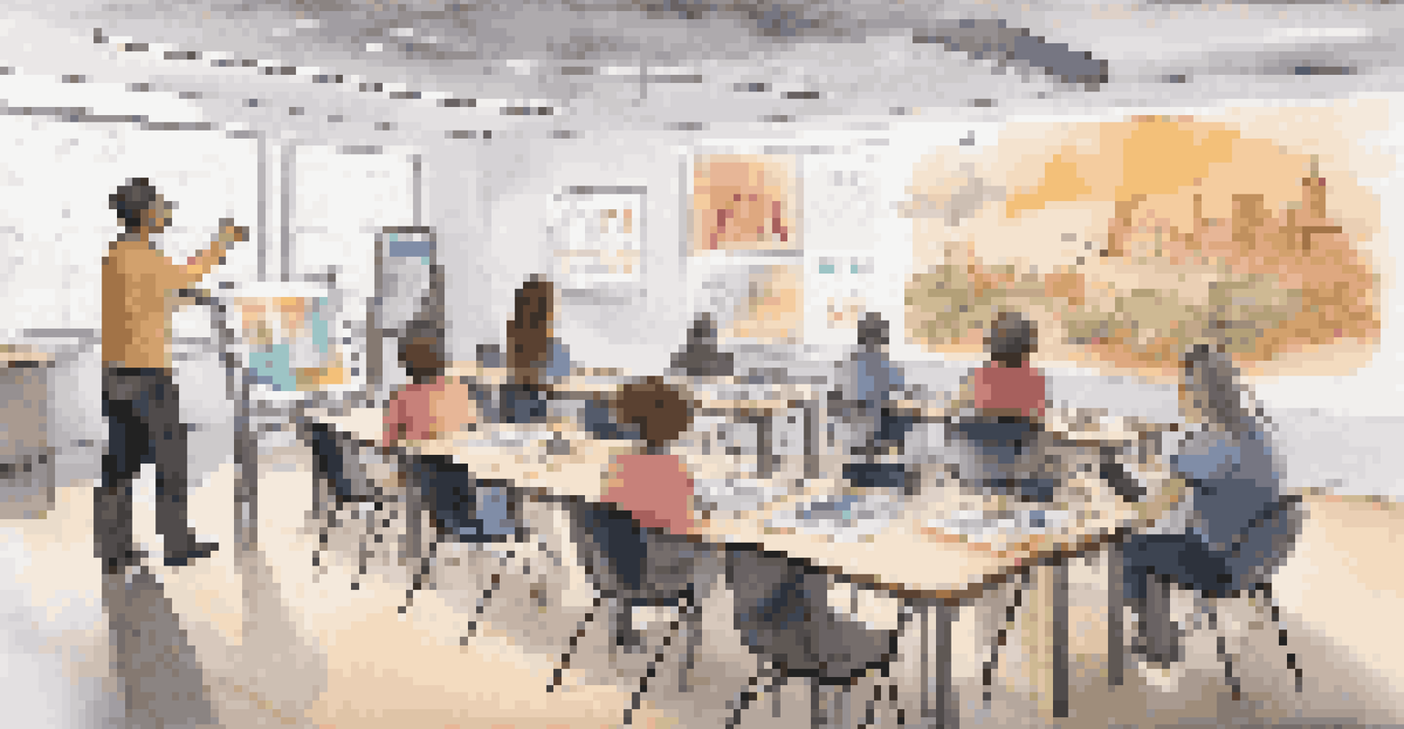 An educator leading a workshop with teachers experimenting with AR devices in a collaborative environment, surrounded by educational materials.