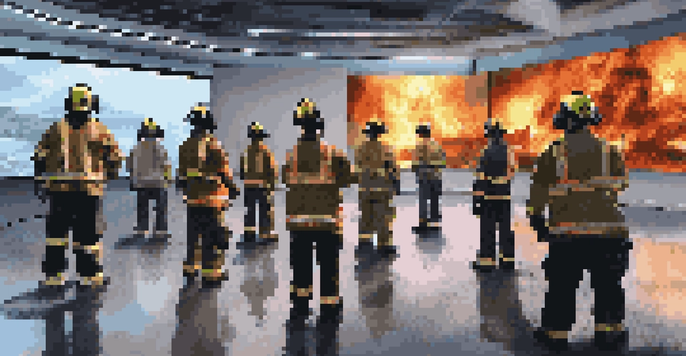 Emergency responders participating in a VR training session, engaged with virtual disaster scenarios in a modern training facility.