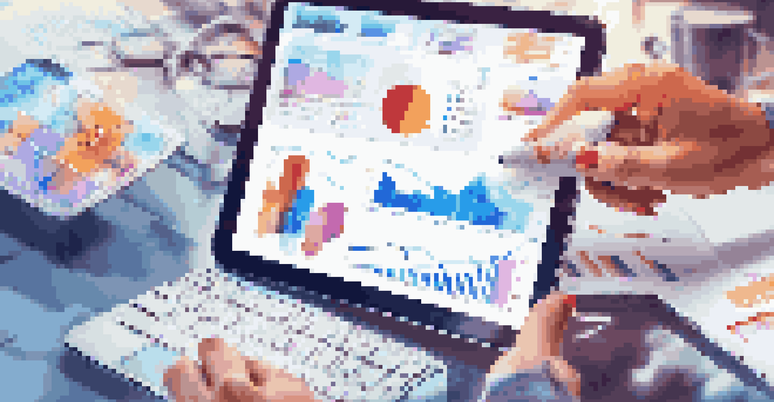 A smartphone displaying social media metrics with colorful graphs and charts, set against a blurred office environment.