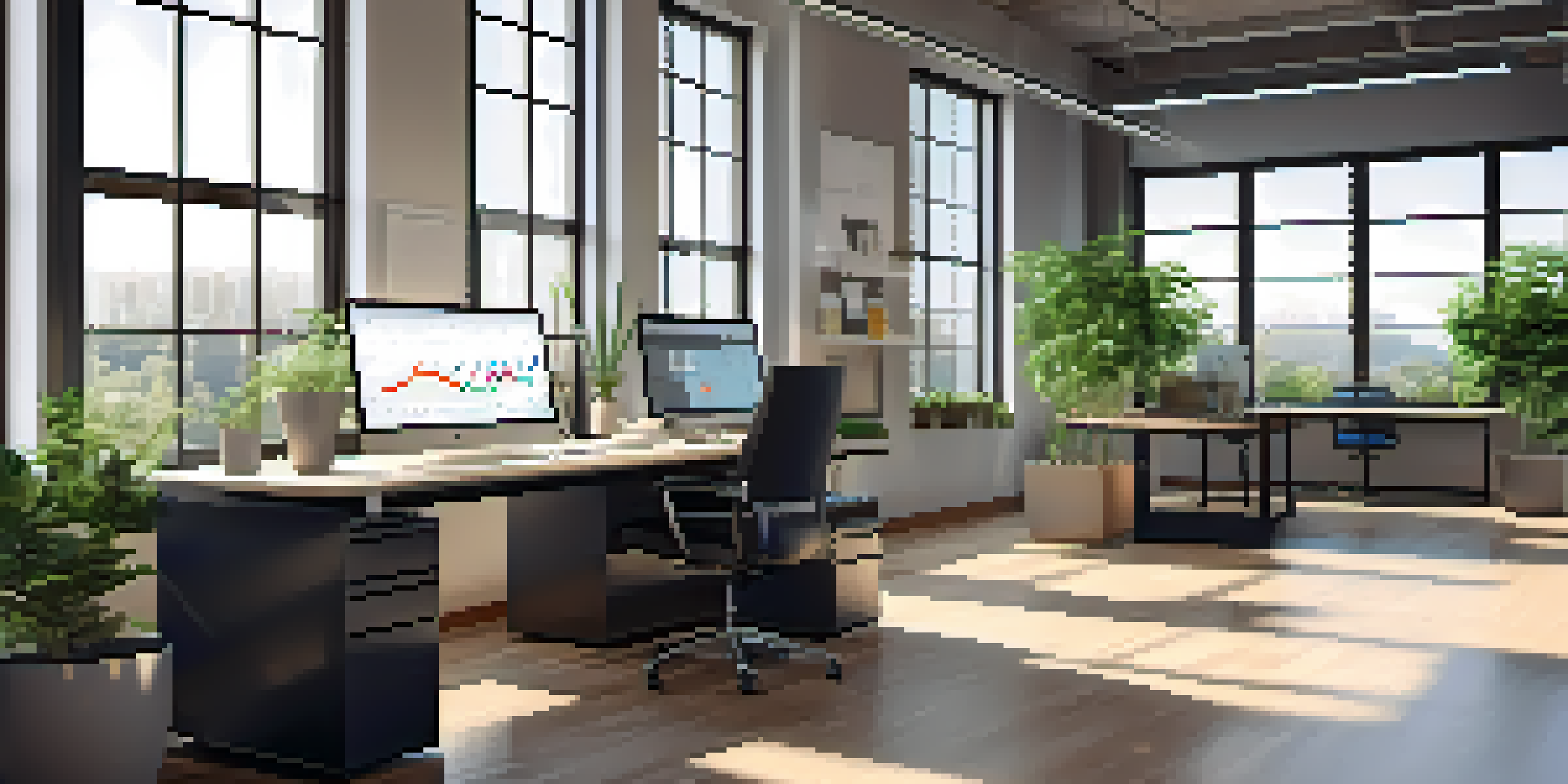 A modern office workspace with a computer showing data analytics, a potted plant, and a coffee cup, bathed in natural light.