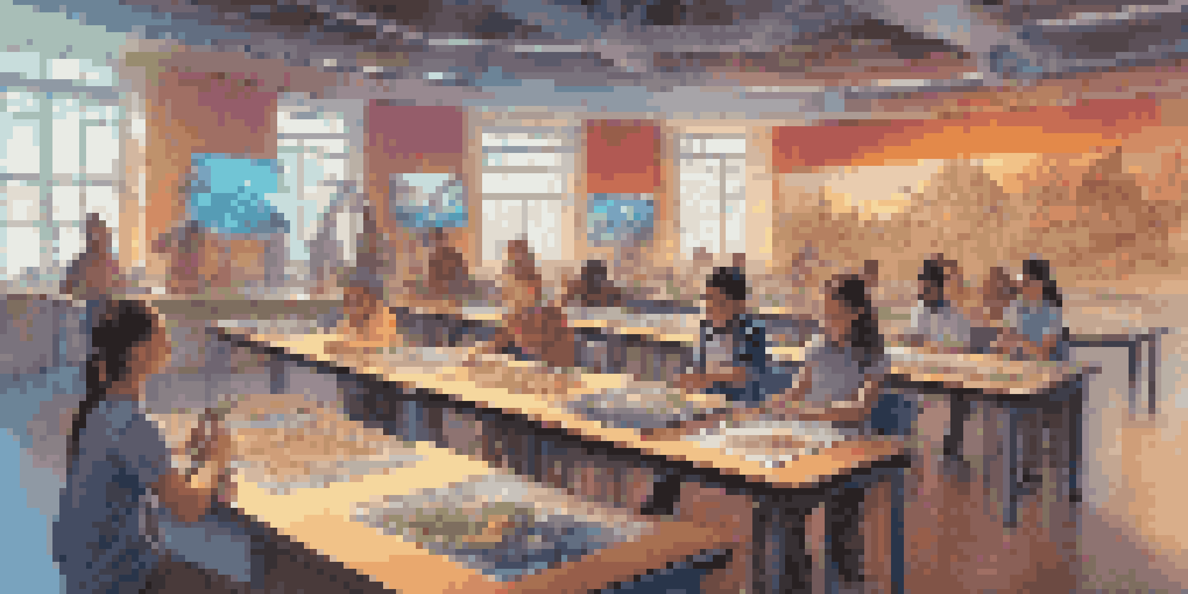 A modern classroom with students interacting with colorful 3D holograms of artifacts and biological models, showcasing an immersive learning environment.