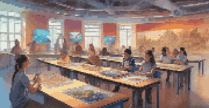 A modern classroom with students interacting with colorful 3D holograms of artifacts and biological models, showcasing an immersive learning environment.