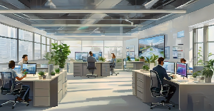 A modern office with professionals discussing containerization concepts, surrounded by screens and greenery.