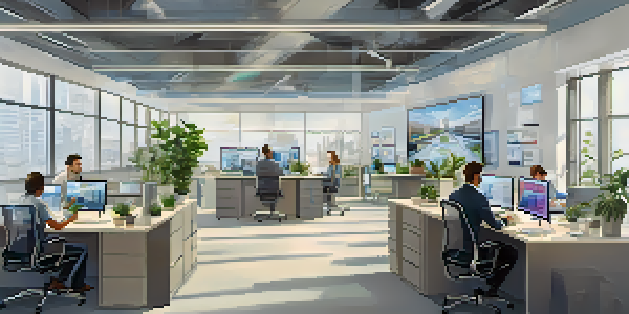 A modern office with professionals discussing containerization concepts, surrounded by screens and greenery.