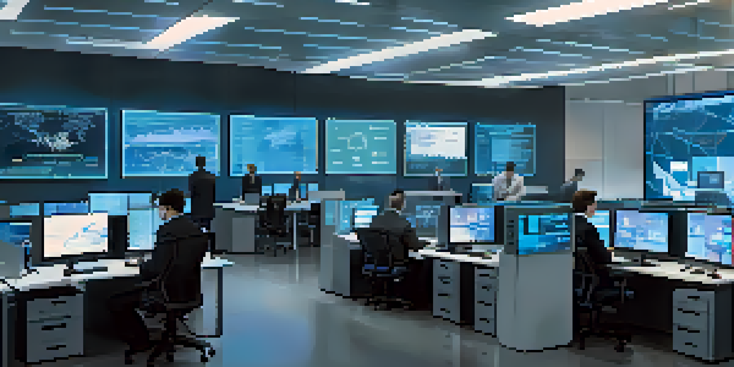 A diverse cybersecurity team working in a modern office with screens displaying security metrics and graphs.