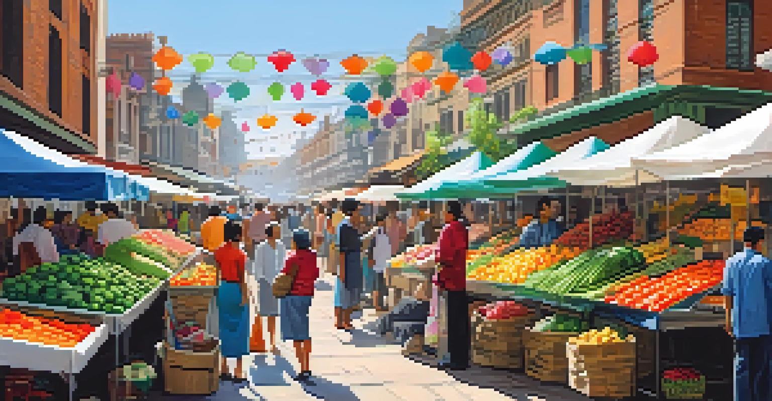A vibrant street market bustling with people and colorful stalls selling various goods.