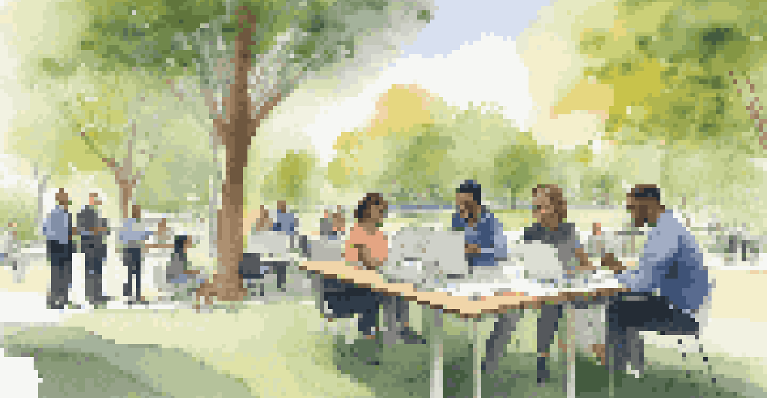 A diverse group of employees collaborating in a park-like setting, representing a culture of data stewardship with a warm and inviting atmosphere.