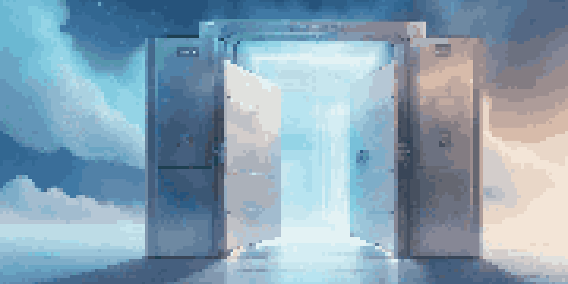 A futuristic digital vault with a partially open door, showcasing a cloud-like mist inside against a gradient background of blues and whites.