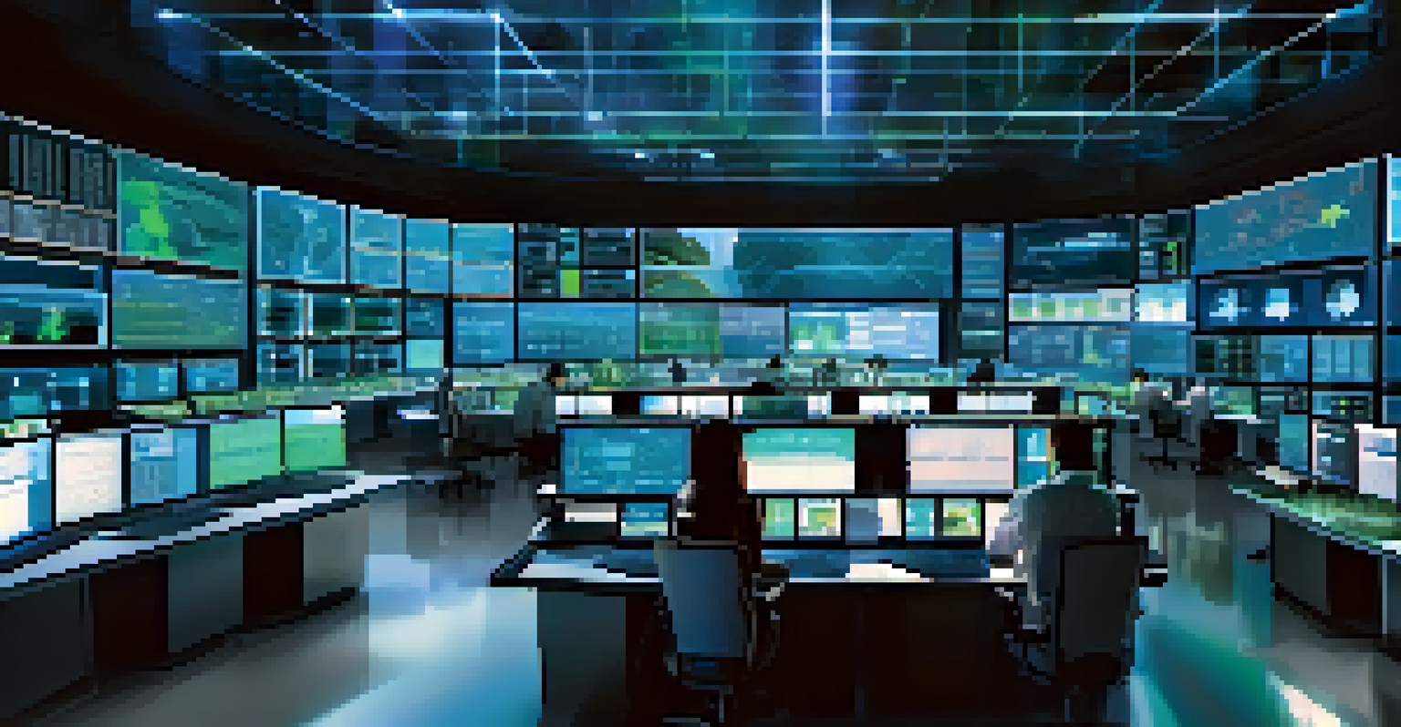A control room with operators analyzing real-time data from smart grid systems, surrounded by screens and digital maps.