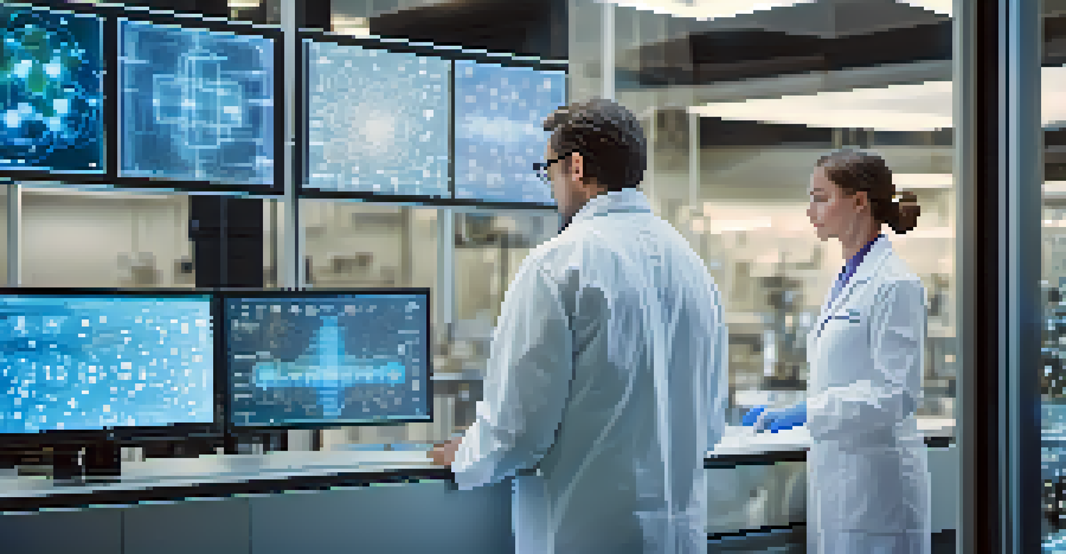 A healthcare professional looking at molecular structures on a holographic display in a high-tech laboratory.
