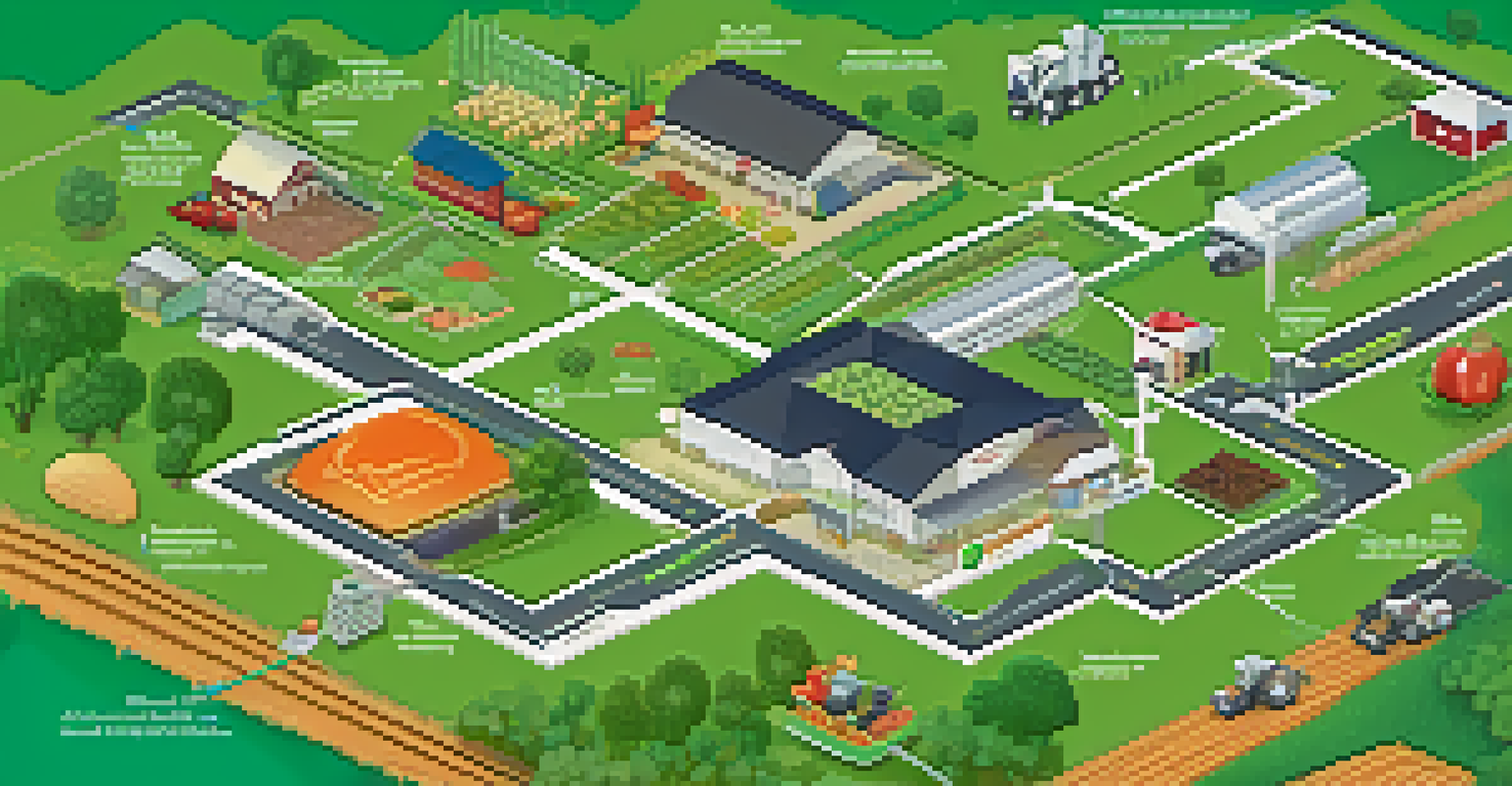 An infographic showing the journey of a food product from a farm to a grocery store, highlighting the use of blockchain technology.