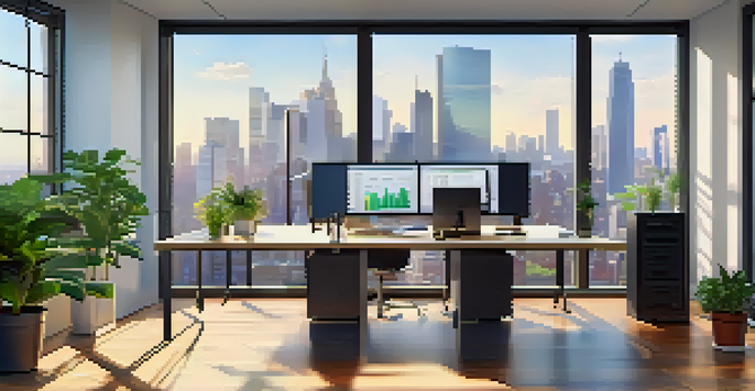 A bright modern workspace with a computer displaying ERP software, large windows showing a city skyline, and a potted plant.