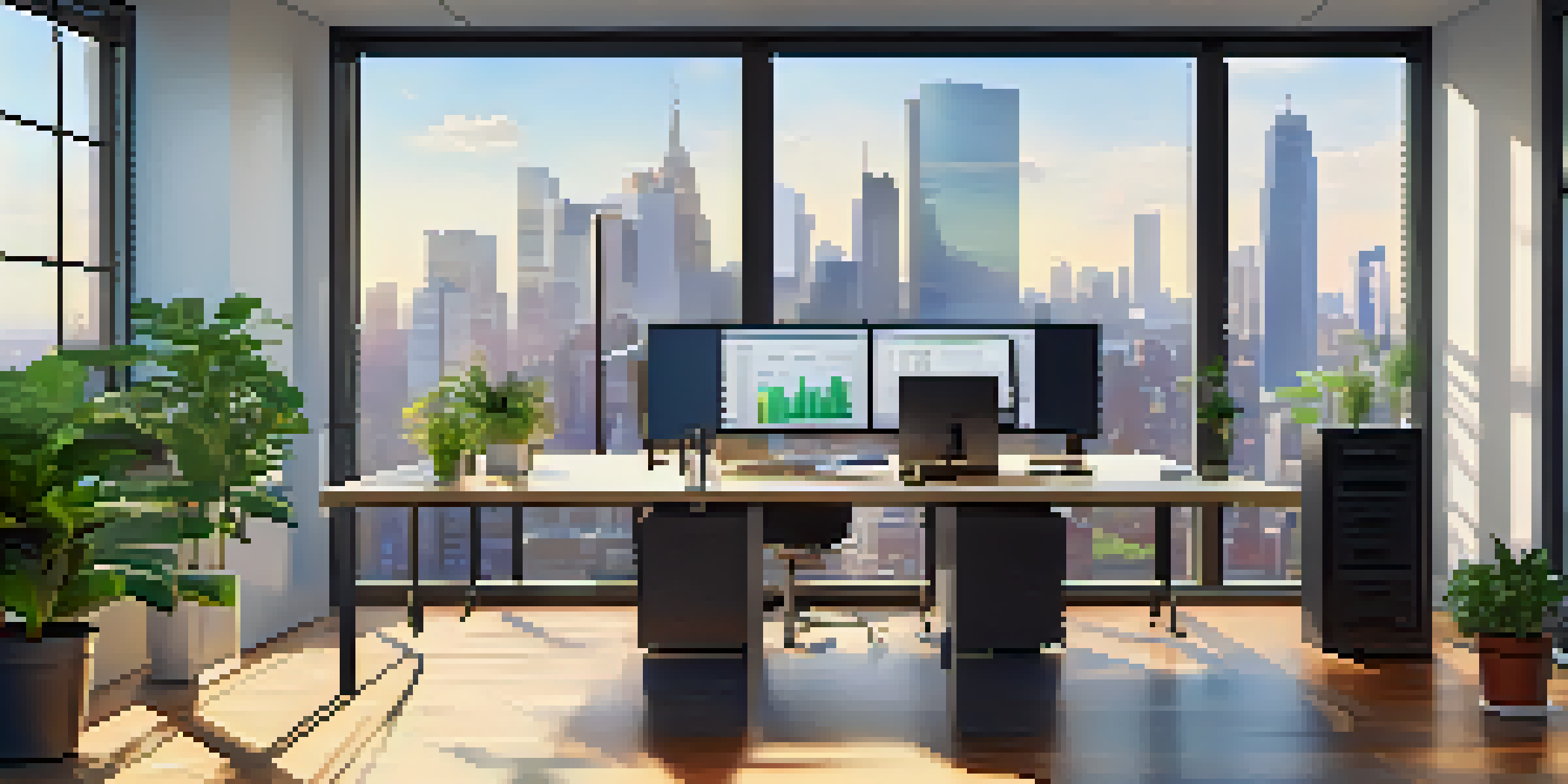 A bright modern workspace with a computer displaying ERP software, large windows showing a city skyline, and a potted plant.